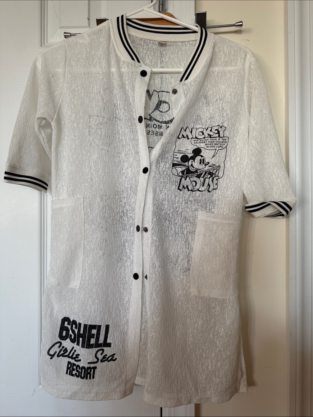 White Mickey Mouse Short-Sleeve Swim Coverup - Preloved - Size M (7/8)